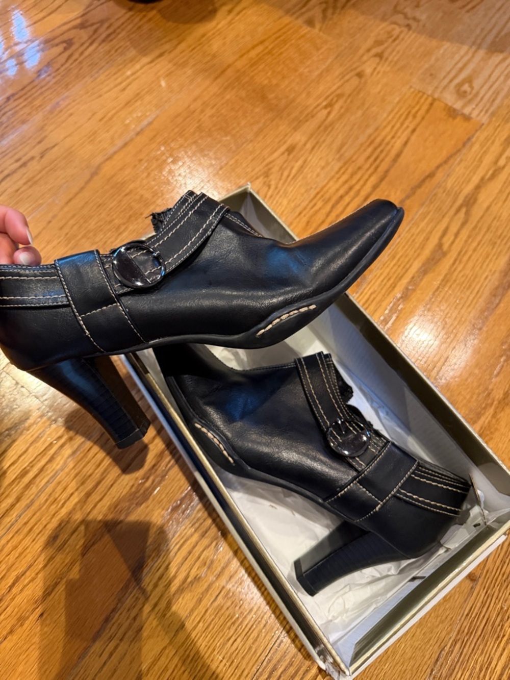 Women's Black Heeled Ankle Boot with Contrast Stitching